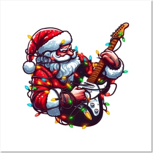 Santa Claus Playing Electric Guitar Posters and Art